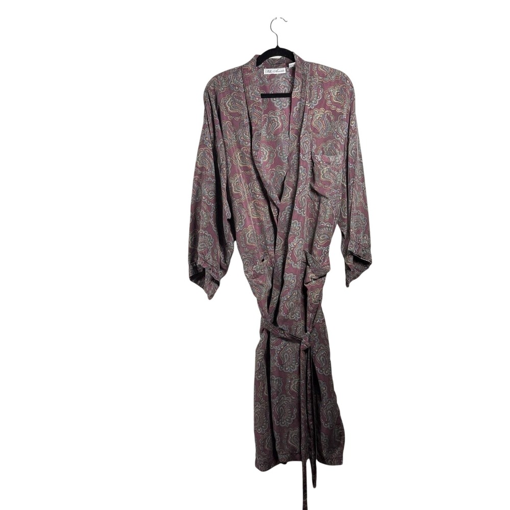 VTG 100% Silk Robe Dressing Gown OS Purple Paisley Soft With Belt Long Classic